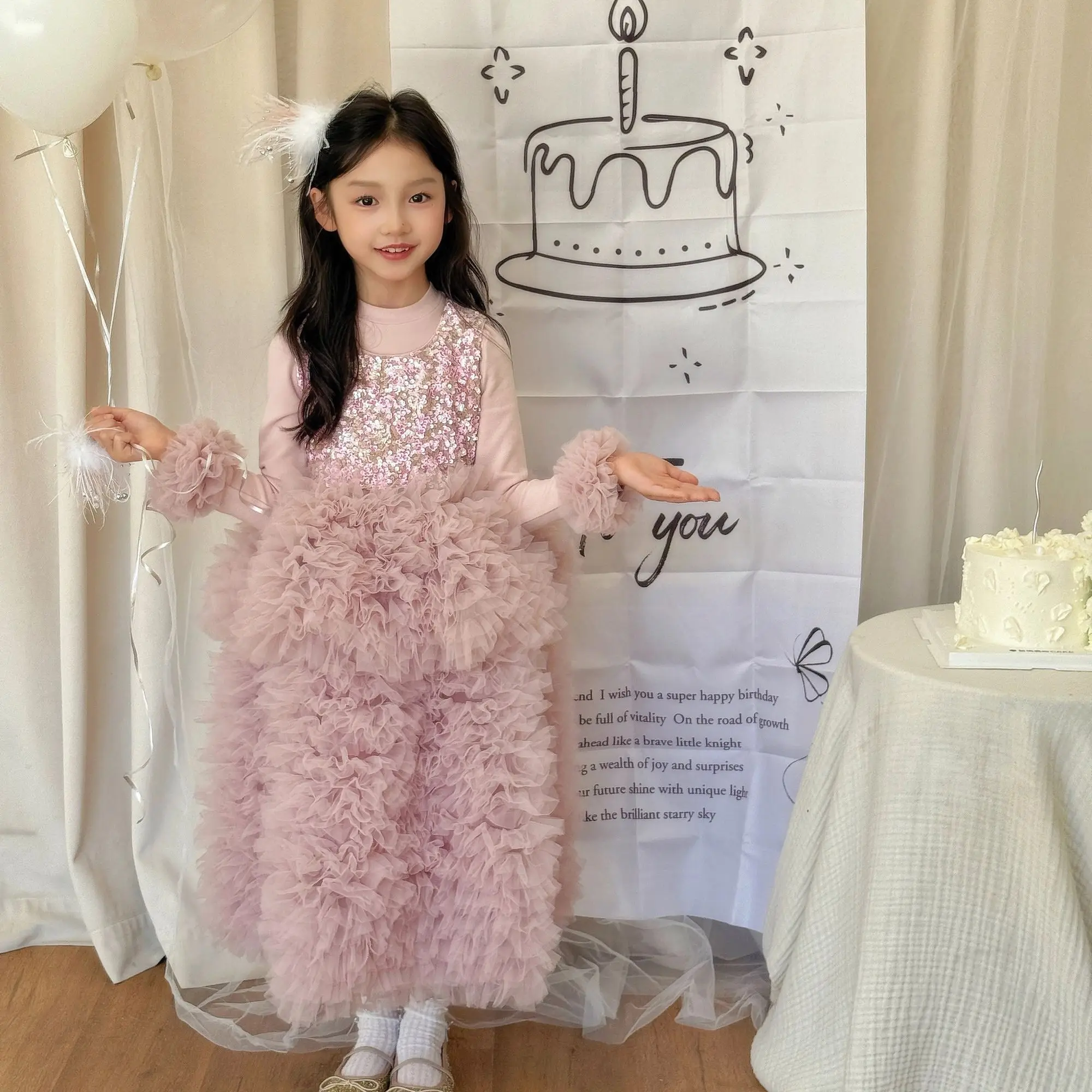 Winter Autumn Kids Girls Princess 2pcs Clothes Set Winter Children Warm Thick Base shirt+Pink Shiny Floral Sundress Elegant Suit
