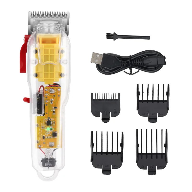 Professional Barber Hair Clipper Transparent Cutting Haircut Machine Retro Lithium Battery Stainless Steel Trimmer USB Charge