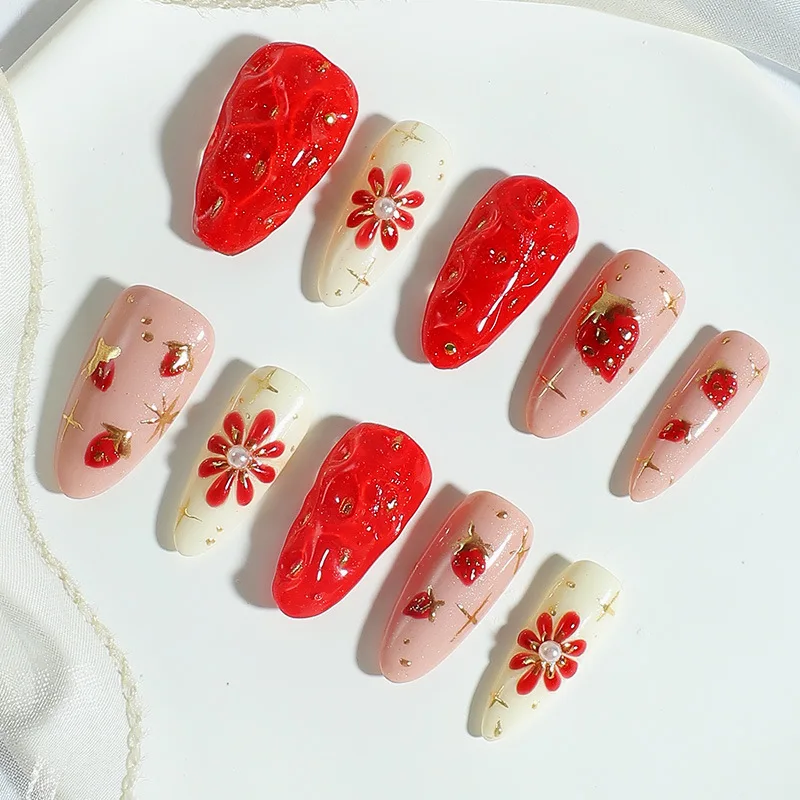 

10Pcs Handmade Press on Nails Red Strawberry Designs Almond Fake Nails Sweet Fruit Decor Wearable Manicure Woman False Nails