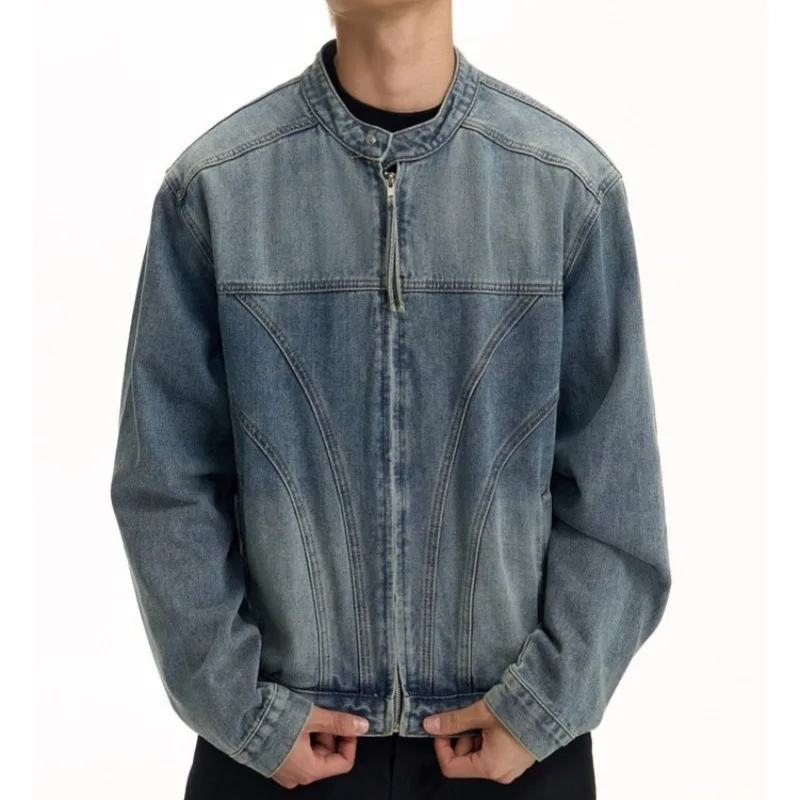 

Американская ретро мотоциклетная джинсовая куртка для мужчин и женщин, осень 2024, новый стиль, свободная современная унисекс куртка с воротником-стойкой