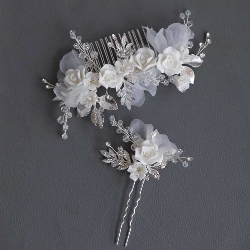 Charming Chiffon Flower Bridal Comb Hair Pin Silver Color Leaf Wedding Headpiece with Earrings Women Jewelry