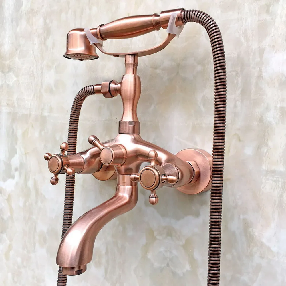 

Antique Red Copper Wall Mounted Bathroom Telephone Style Handheld Shower Head Tub Faucet + Dual Cross Handles Mixer Tap ttf801