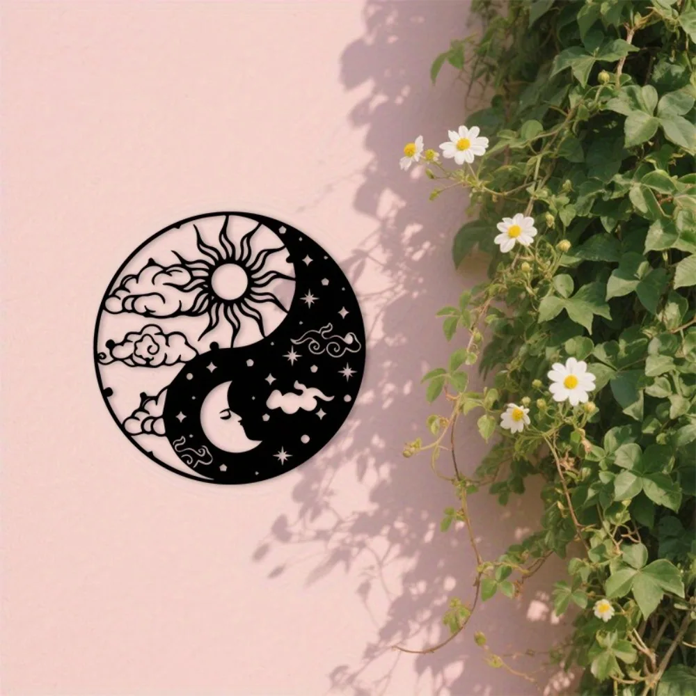 CIFBUY 2D Flat Yin Yang Iron Metal Wall Art, Sun Moon Stars Cutout Sculpture Hanging Decor & Indoor Outdoor Home Ornament