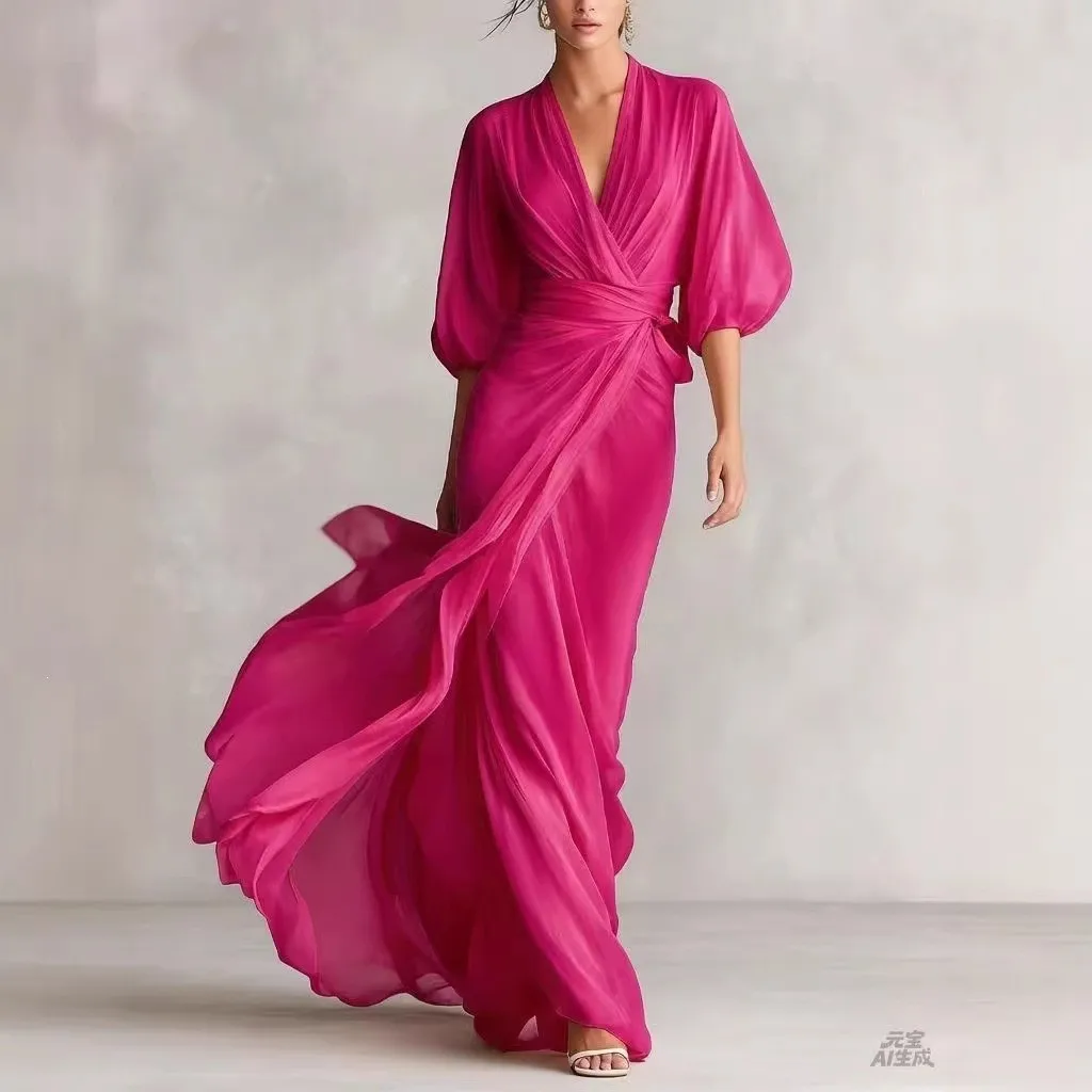Deep V Neck V Neck Dress High Waist Innocent Sweet with a Line Sweet and Fresh a Line Silhouette Pleated Dress for Women