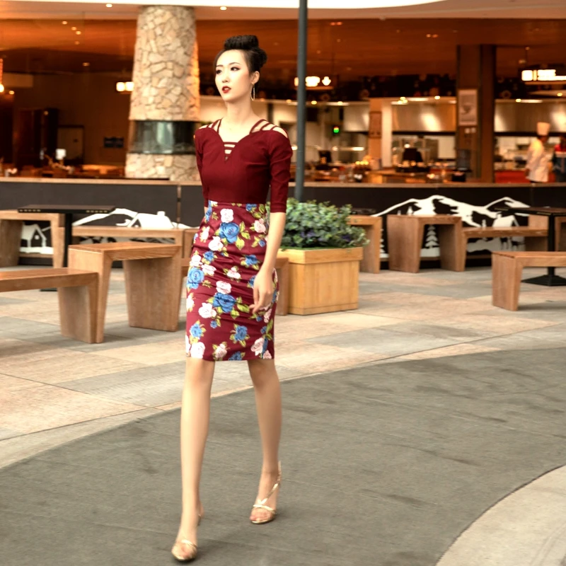 

Peony Flower Wine Red Square Collar Dress Fake Two Piece Set Fish Tail Skirt Splicing Waist For Slimming Summer Style Retro Dres