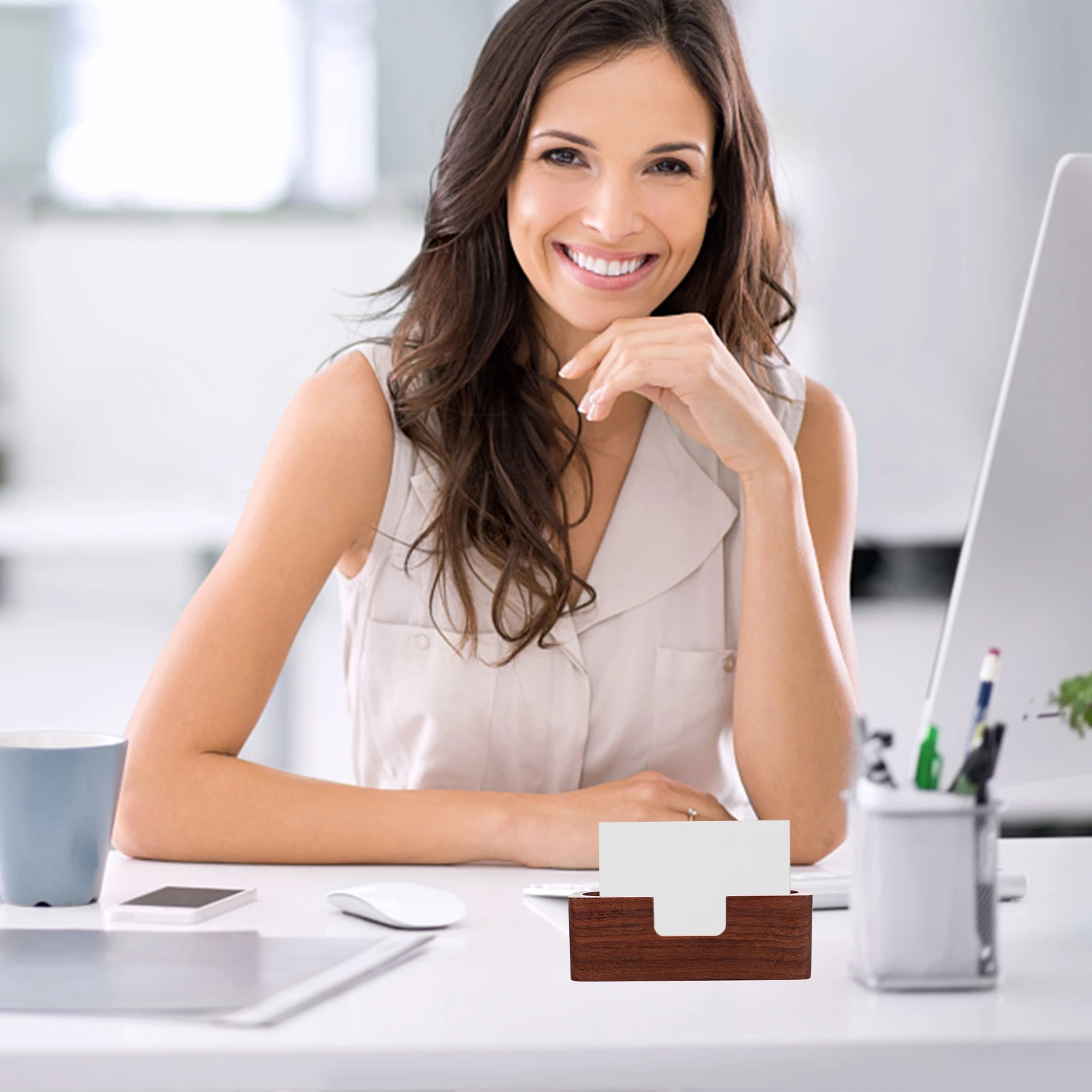 

2Pcs Desktop Business Card Holder Premium Walnut Material Thickened Base Non-Slip Card Organizer Display Stand for Office Desk