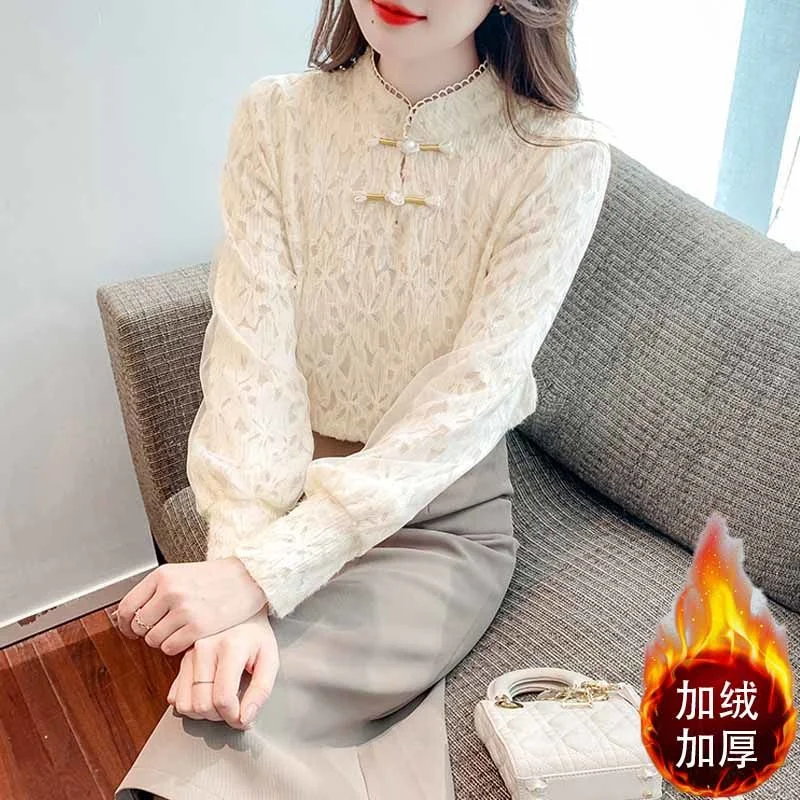 

Осенне-зимний бархатный кружевной низ с длинными рукавами, женский новый топ с утолщенной пластиной и пряжкой в стиле вестерн, внутренний топ