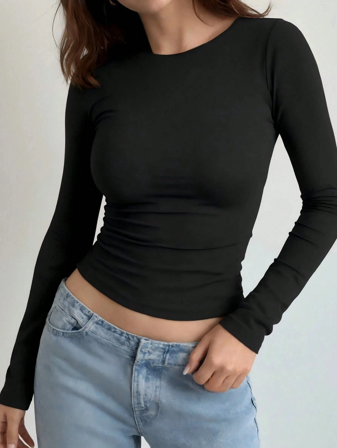 Damen Rundhals-Crop-Top mit Raffung, Langarm, Y2K-Stil, Basic, Alltagstauglich, Casual, zum Layering, Figurbetontes T-Shirt – Detail 3