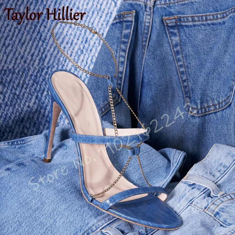 

Blue Denim Chain High Heels Open Toe Stiletto Chain Sandals Summer New Women'S Elegant Mules Elegant Women'S Shoes Gladiator 46