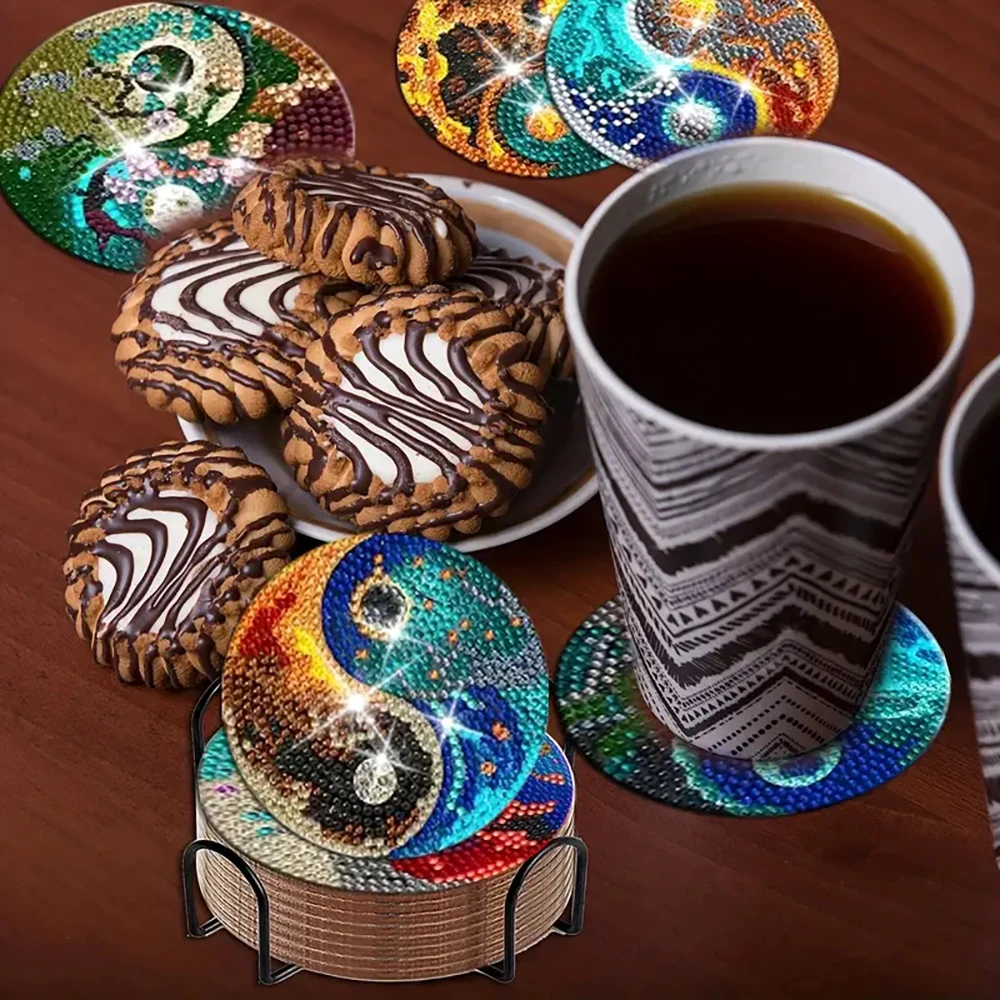 8 pieces/set of Tai Chi Bagua diamond painted coaster set, sparkling water diamond heat-resistant beverage coaster with bracket