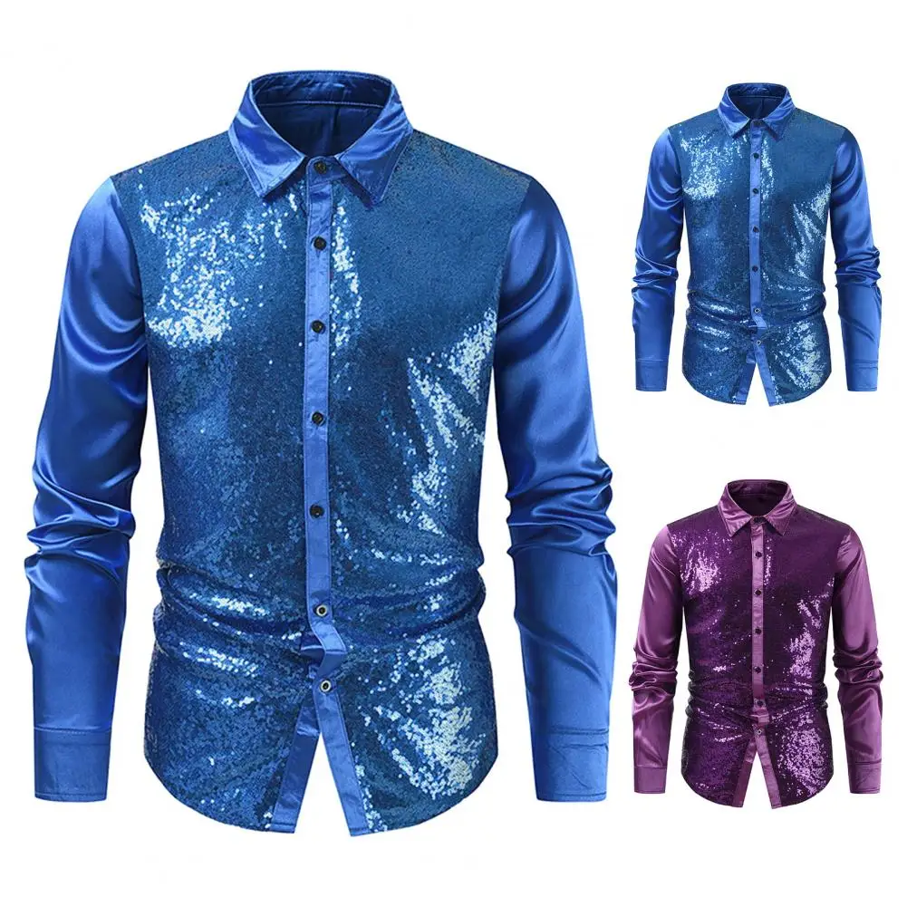 

Solid Color Men Shirt Shiny Sequin Men's Performance Shirt with Turn-down Collar Single-breasted Design for Club Party Stage