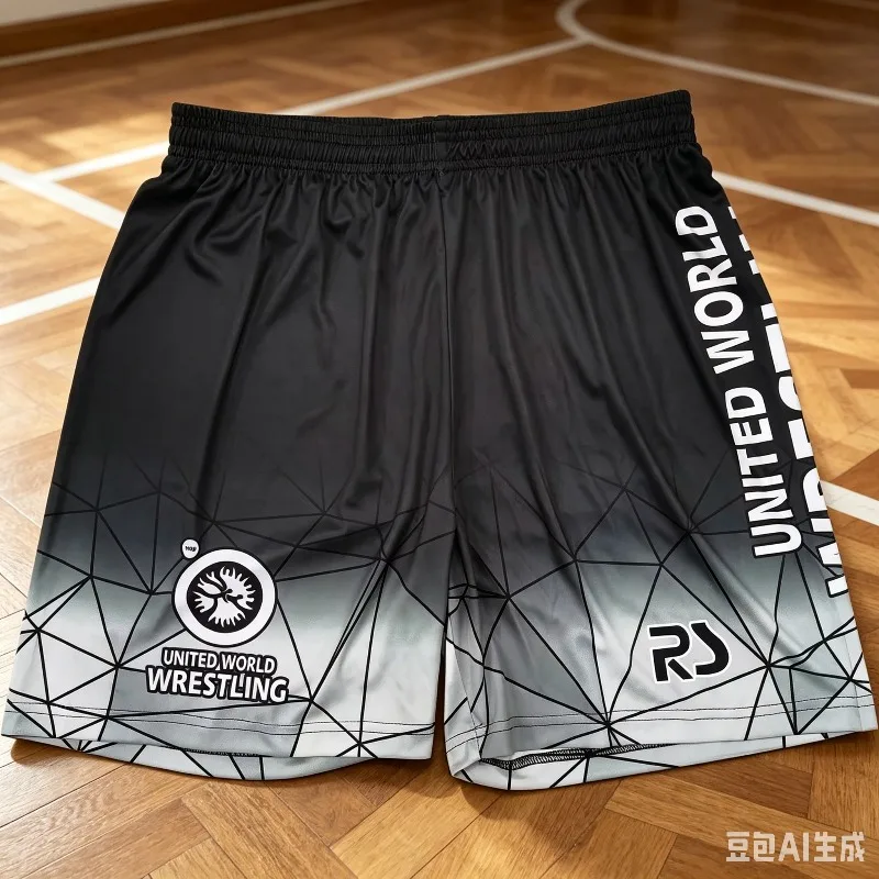 United World Wrestling Men's Fight Shorts Quick Dry Breathable Black White Gradient Print Athletic Training Shorts MMA Boxing
