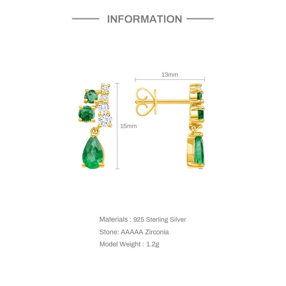Luxury 925 Sterling Silver Stud Earring Fashion Simple INS Green Waterdrop Cubic Zirconia Pendant Earrings Female Jewelry