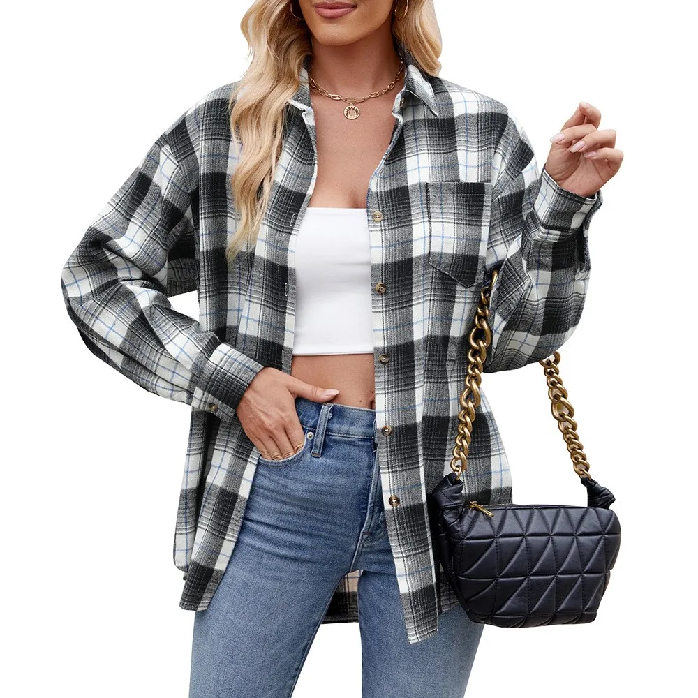 Herbst/Winter frauen Bluse 2024 Neue Casual Mode Straße Lose Plaid Gedruckt Tasche Spleißen Langarm Strickjacke Hemd femme