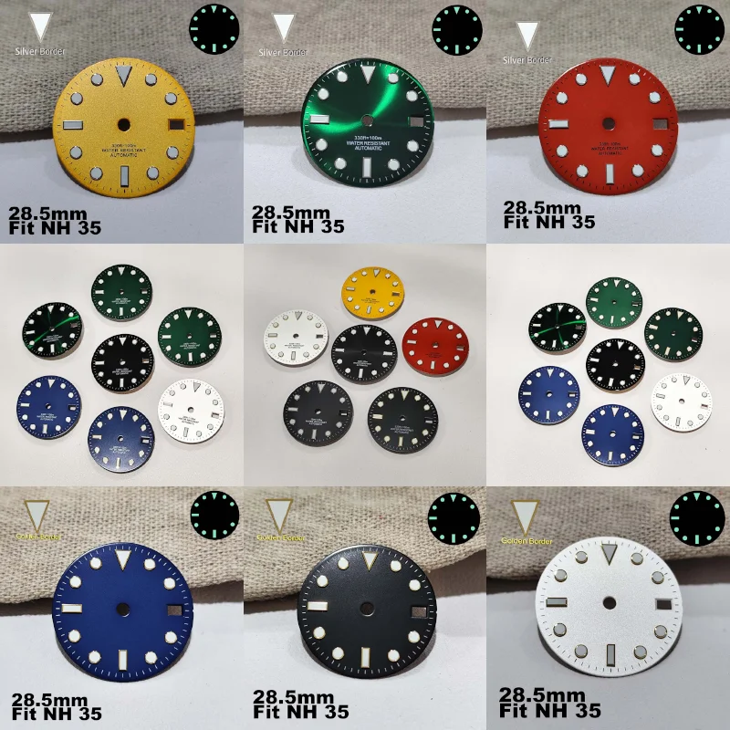 Replacement 28.5mm Dials Fit NH 35 Movement Blue Luminous Watches Hands Dials Watch Accessory Part Wristwatch Modification Parts