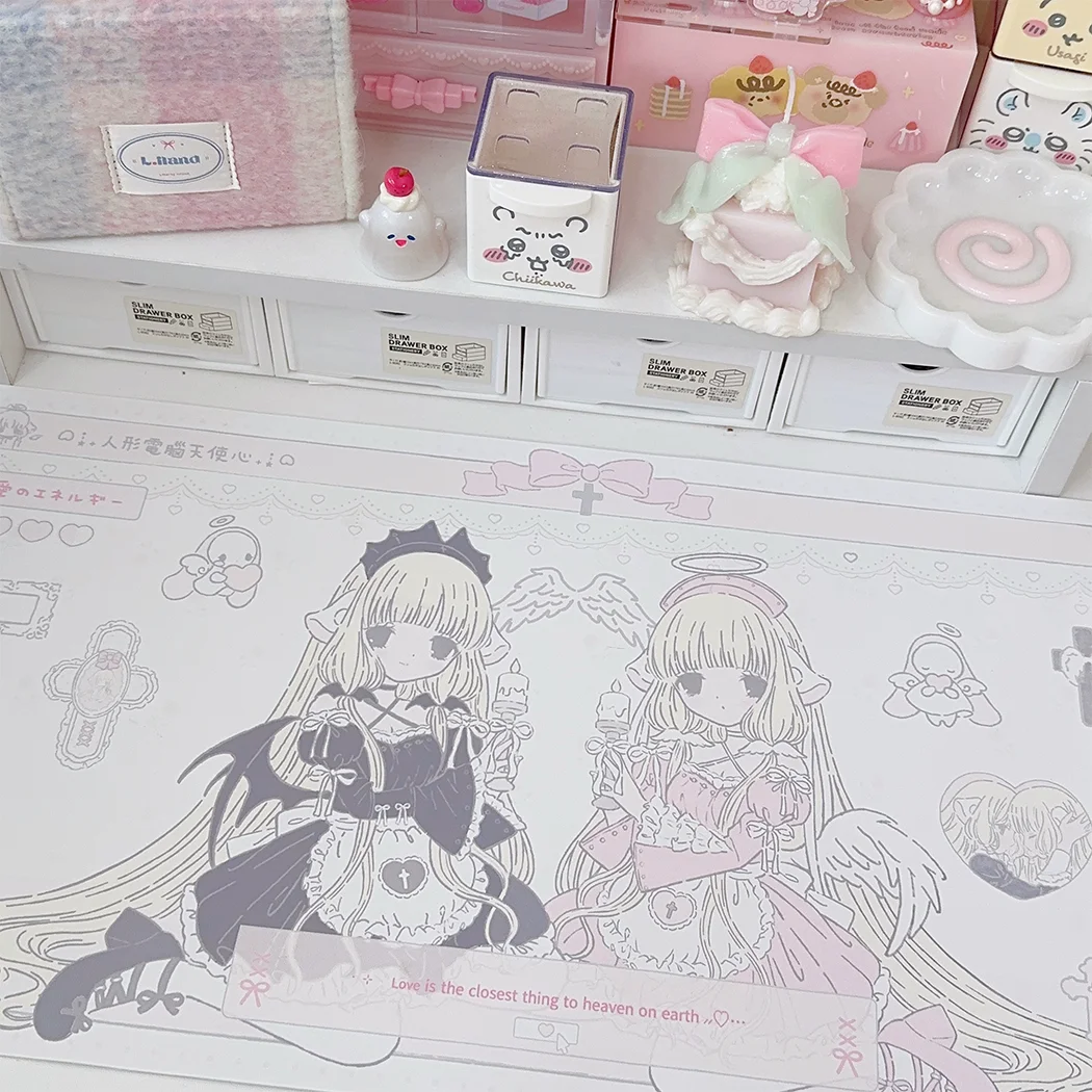 Leather Desk Pad Protector Pink Anime Love Bow Girl Kawaii Mouse Pad Office Desk Mat Waterproof Non-Slip PU Desk Blotter Pad