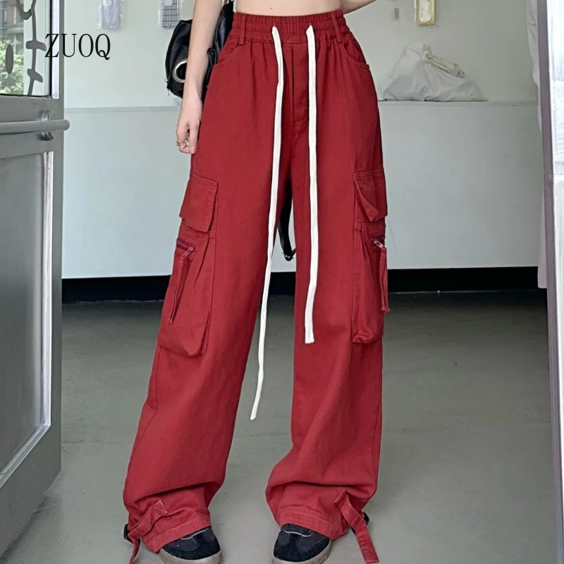

American Cargo Pants Women High Street Loose Wide Leg Drawstring Solid Color Trousers Fashion Versatile Casual Streetwear Female