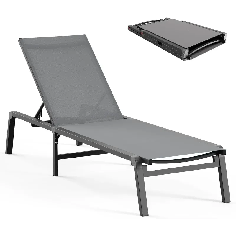 Outdoor Lounge Chair,Foldable & Assemble-Free Tanning Chaise Lounge with 0-60° Adjustable Backrest,Stainless Aluminum Sunbathing