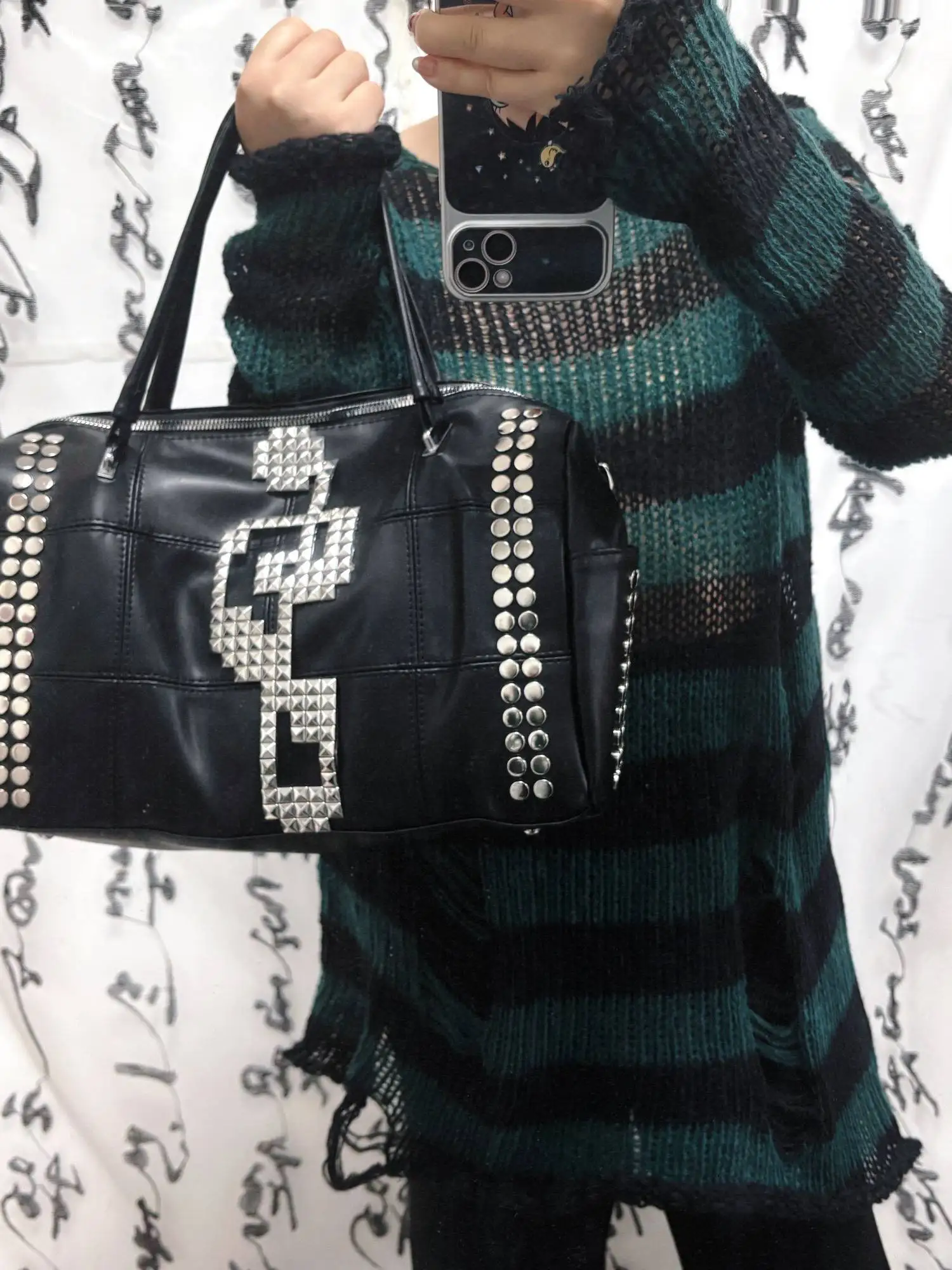 Original Subculture Punk Black Music Note Elements Large Capacity Underarm Bag Rivet Personality Portable Messenger Bag