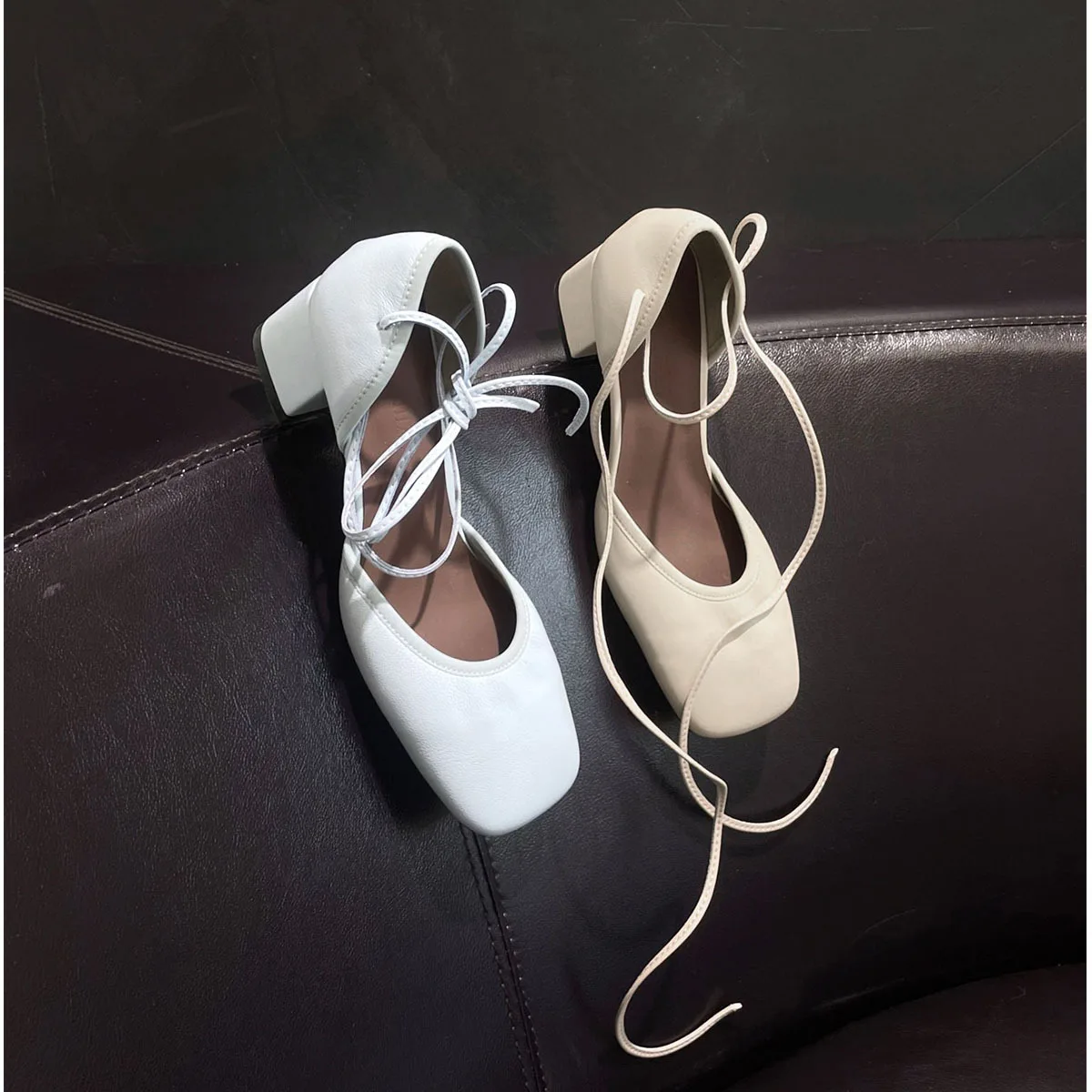 

Arden Furtado 2025 Summer sheepskin Cross tied mary jane shoes Square toe Chunky heels Hollow Sandals Large size commute shoes