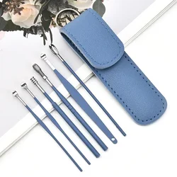 Stainless Steel Earpick Storage Leather Cover 6 Piece Set Spiral Earwax Cleaner