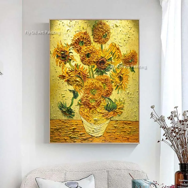 Imagem -03 - Pintados à Mão Girassol Lona Wall Art Decor Pintura a Óleo Moderna Flores Lona Floral Decorativa Van Gogh