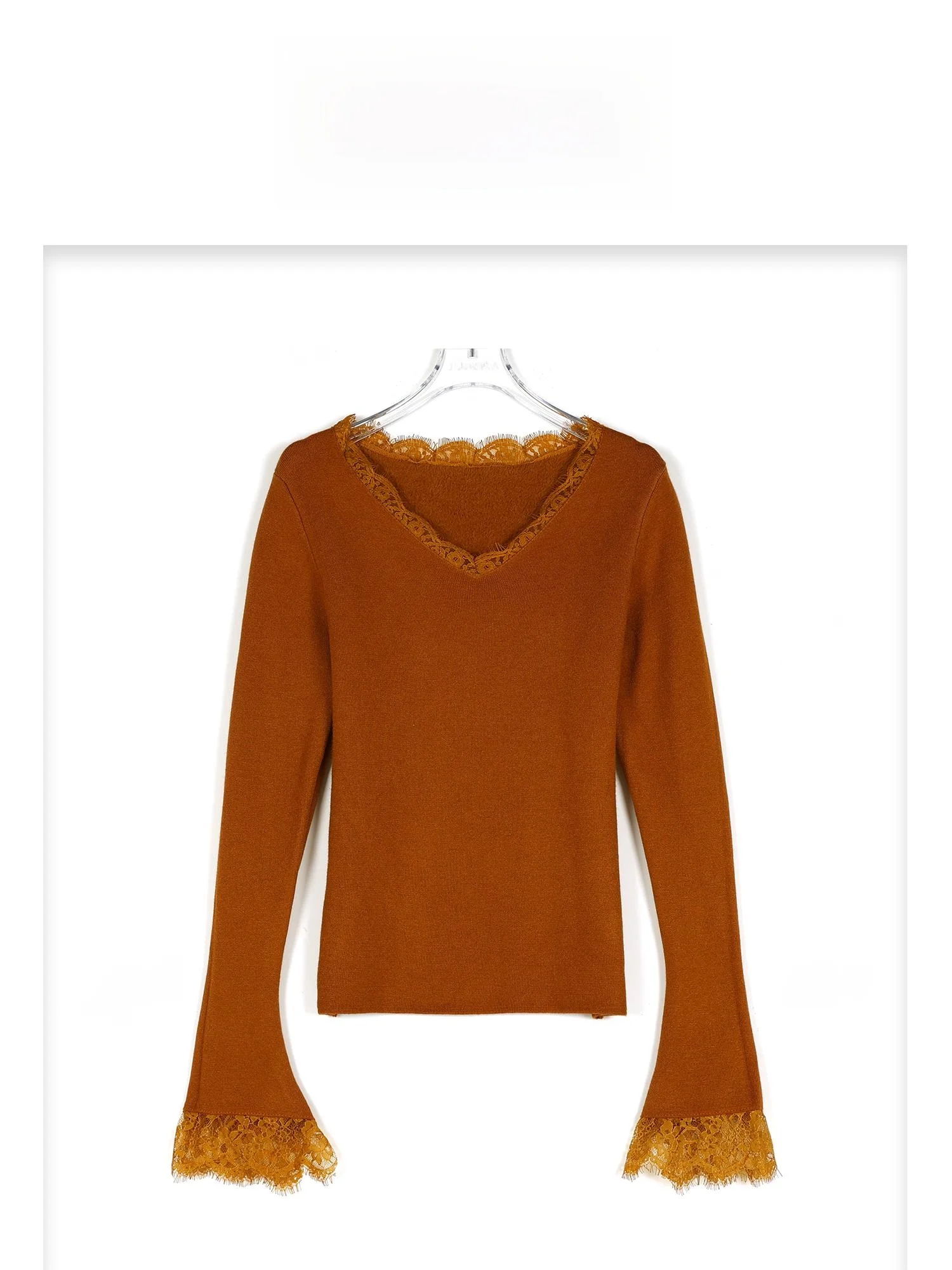 

eila2025 Autumn Winter Fce Lined V Ne Knitted Top Women's Base Layer Outwear Long Sve Regular Fit Girl's Knitwear