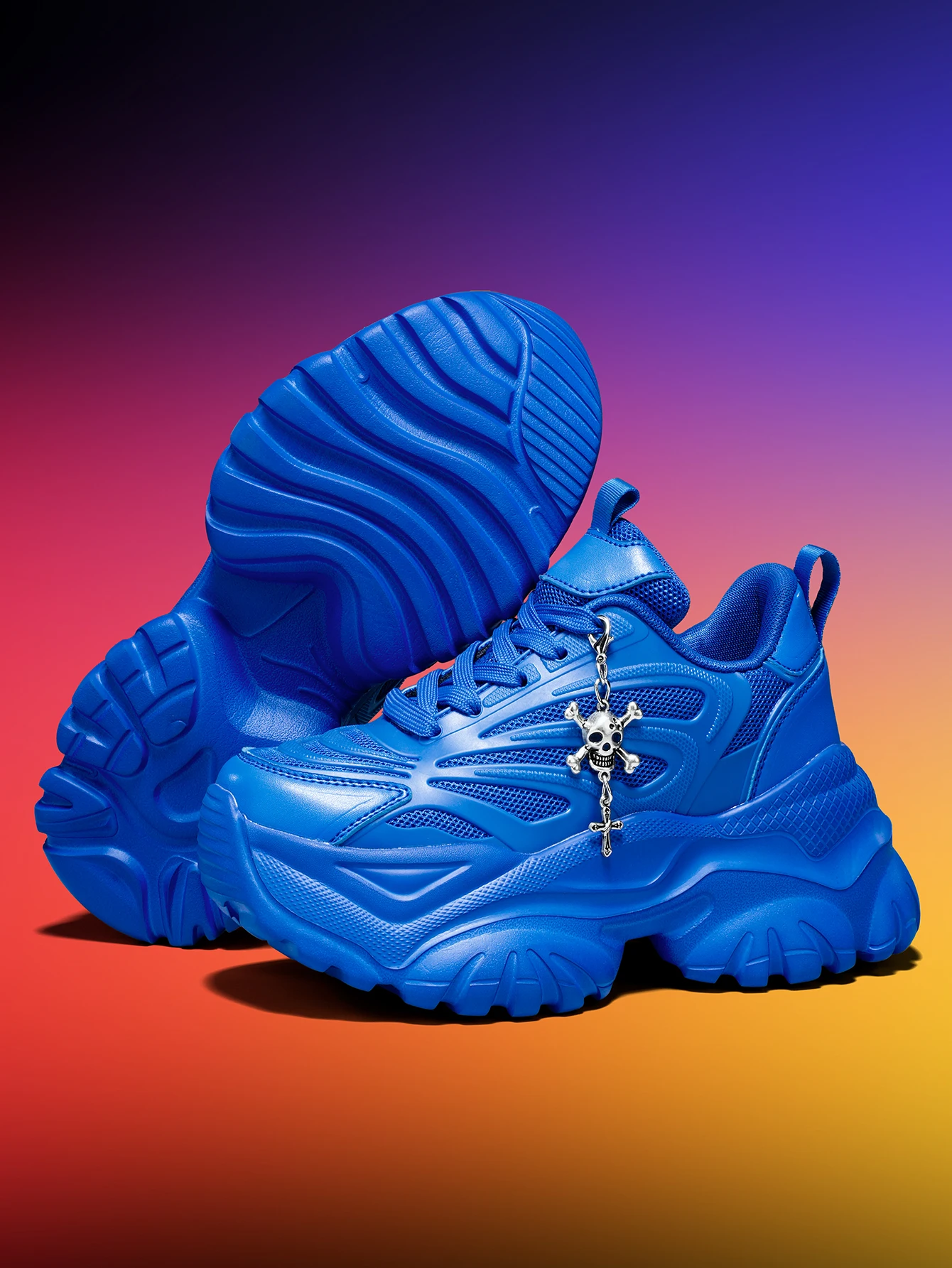 Women's Outdoor Four-Season Fashion Dad Shoes, EVA Lightweight Thick Sole, 7CM Height Increase, Blue Sneakers, Paired with Halloween Punk Style Detachable Silver Cross Skull Pendant, Versatile for Daily Commuting and F view 5