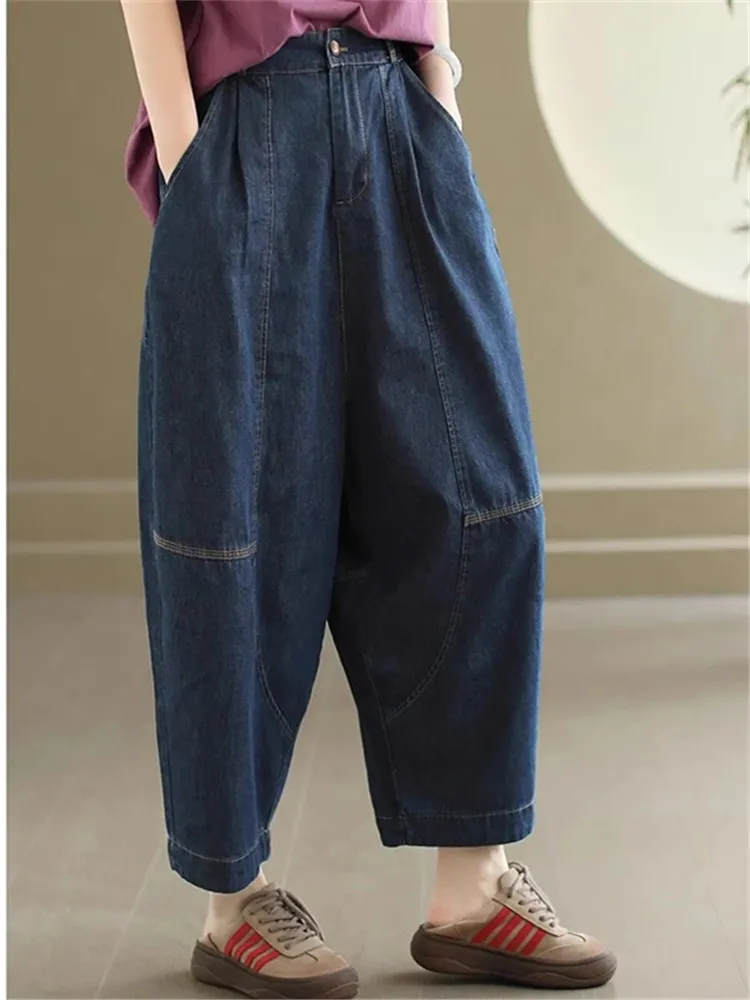 

Fashion Women Cotton Denim Pants Elastic Waist 2024 Summer Harem Loose Jeans Casual Pockets Lady Denim Pants Female YoYiKamomo