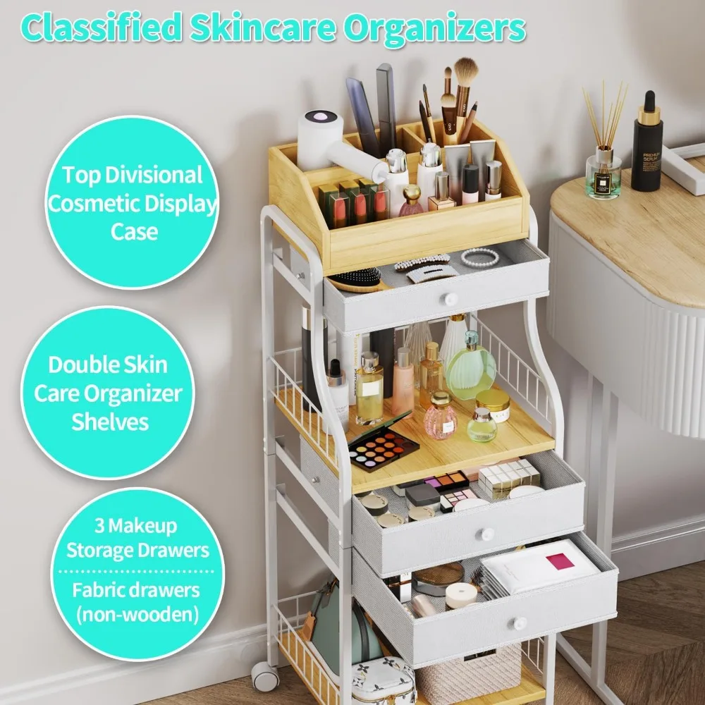 Floor Makeup Organizer with Drawers and Wheels - Skincare Vanity Storage for Cosmetics, Brushes, Perfume