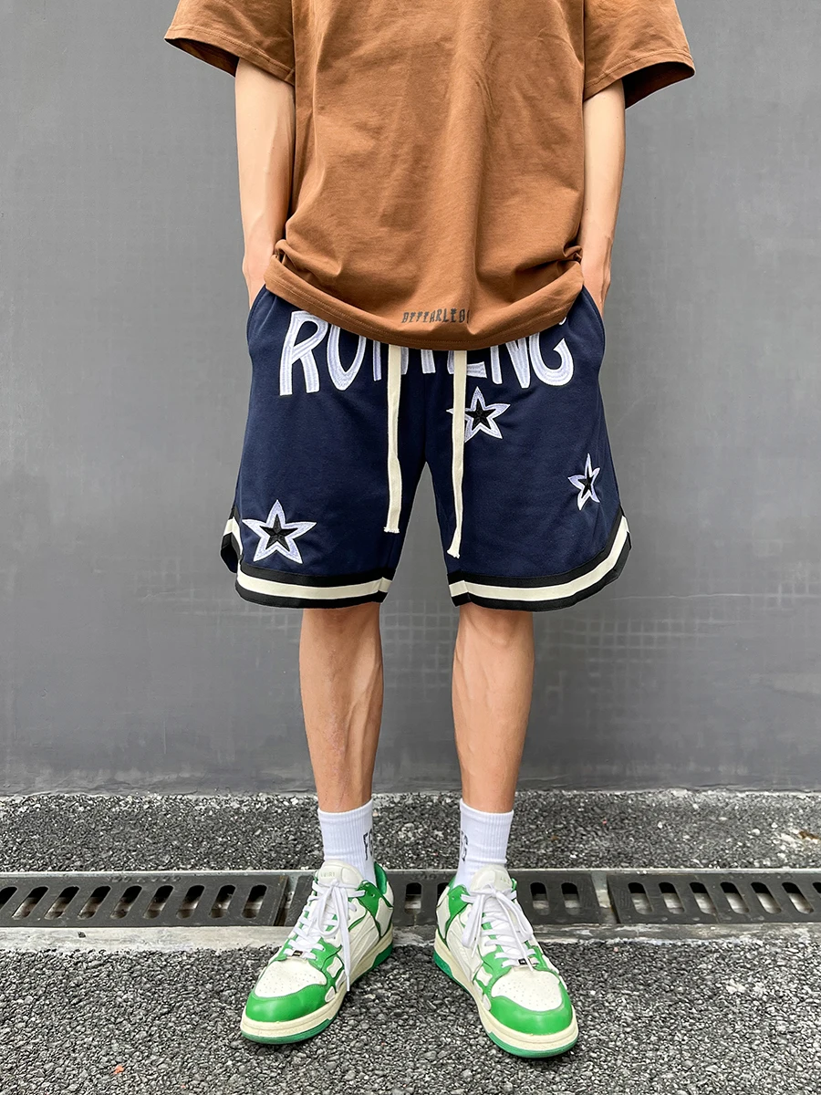 

ONPT American Retro Letter Embroidery Sports orts Men Split Dstring Loose Street Straight Casual Five-Quarter Pants