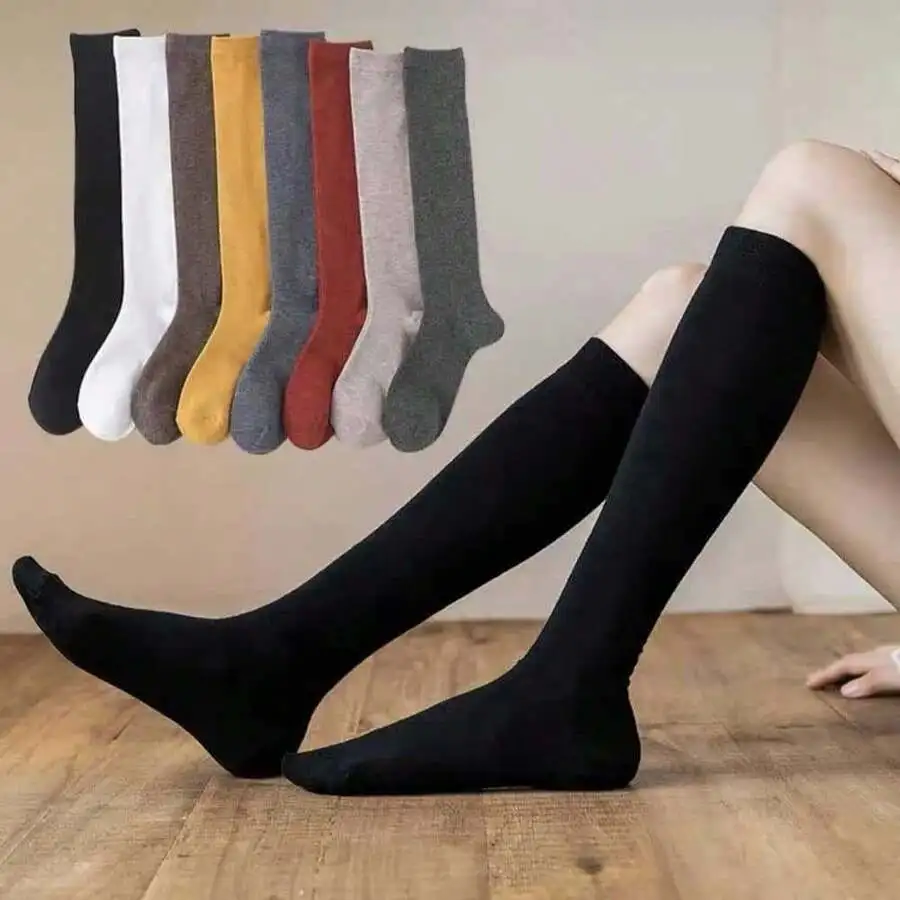 

Womens Knee-High Solid Color Socks Japanese College Style Retro Long Calf Socks
