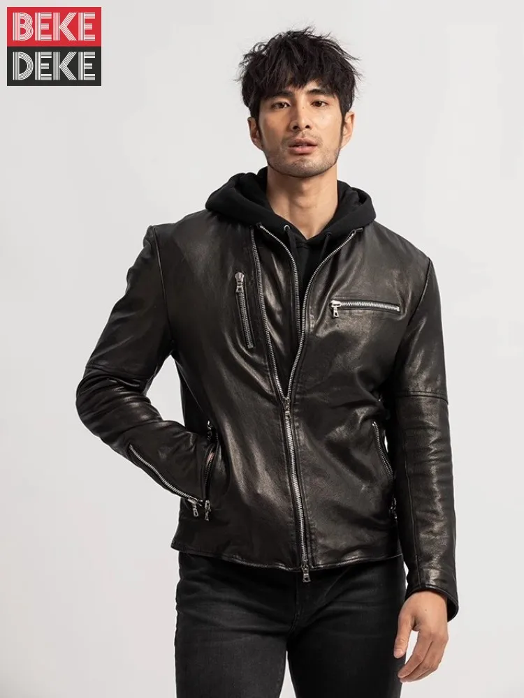 

Mens Genuine Leather Jacket Punk Short Coat Long Sleeve Slim Fit Zipper Stand Collar Natural Sheepskin Motorcycle Coats Male