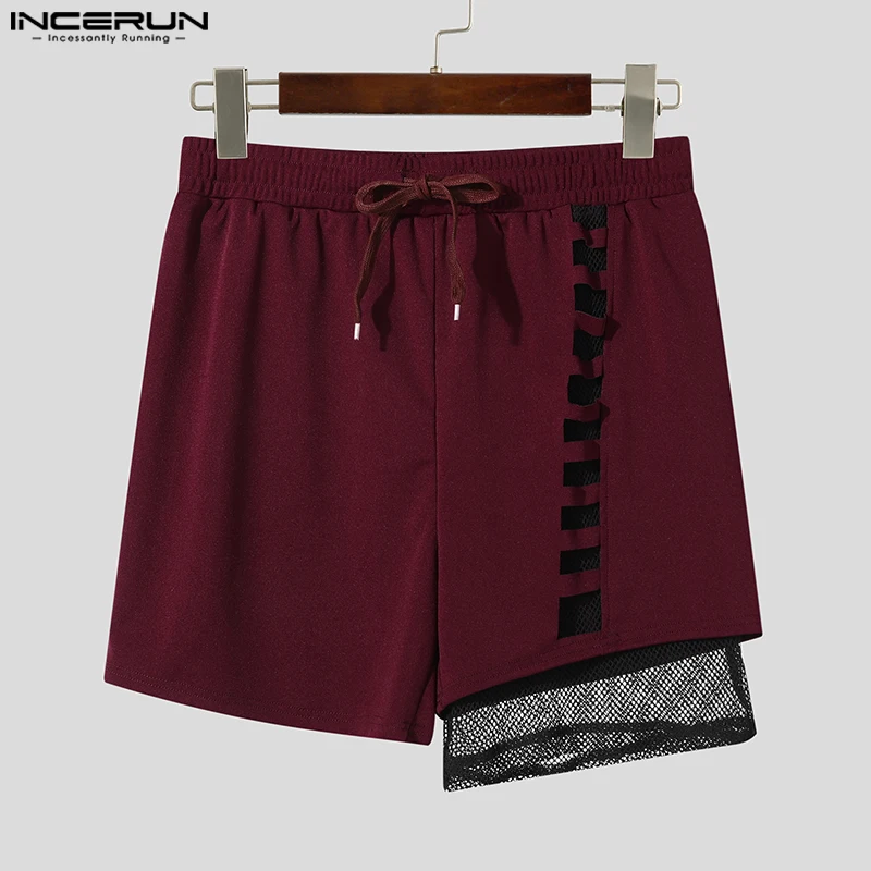 INCERUN Mode Mannen Shorts Mesh Patchwork Trekkoord Joggers Hol Sexy Mannelijke Shorts 2025, See Through Streetwear Mannen Bodems