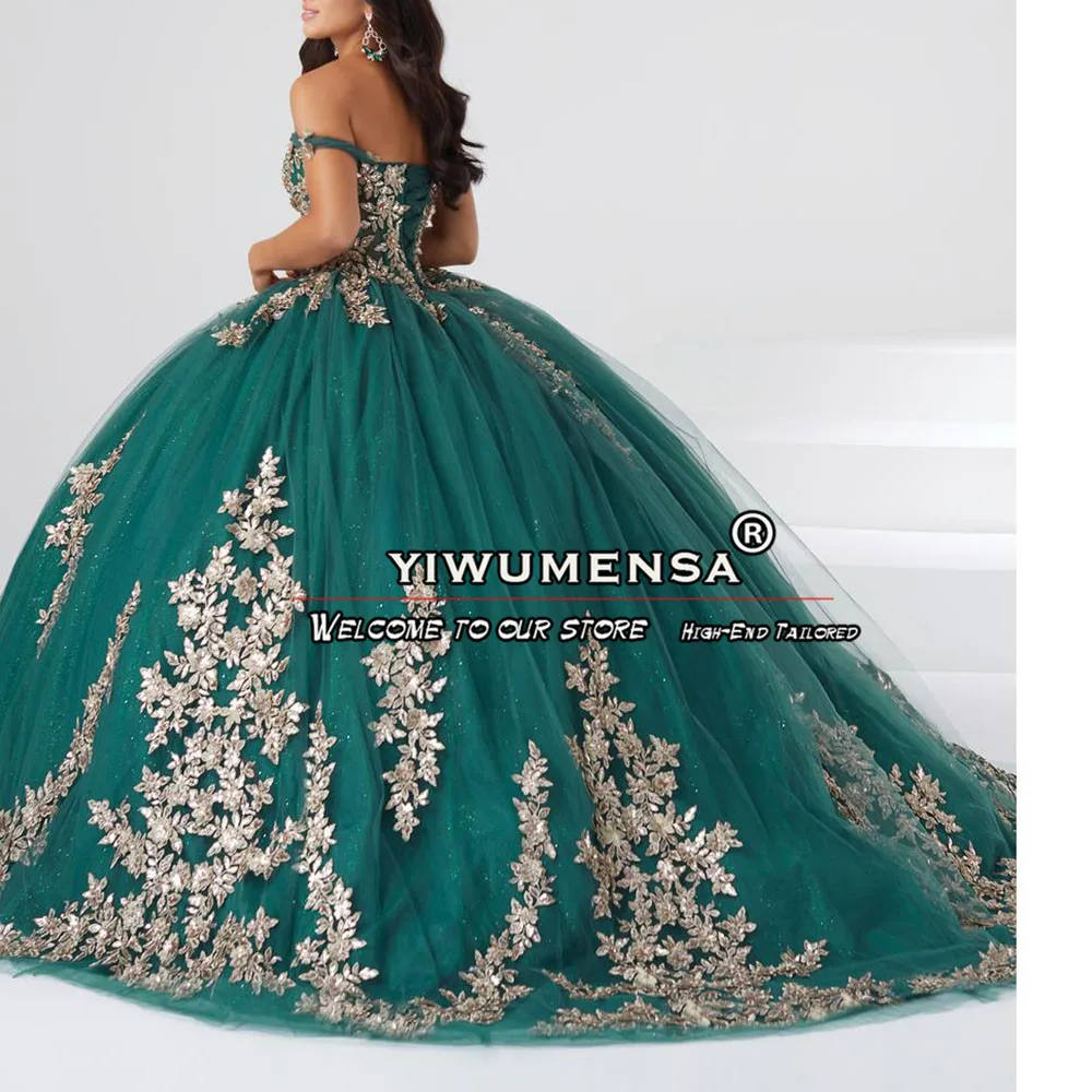 Green Quinceanera Dresses Sparkly Gold Sequins Appliques Sweet 16 Dress Princess Ball Gown Vestidos De 15 Años Quinceañer Luxury