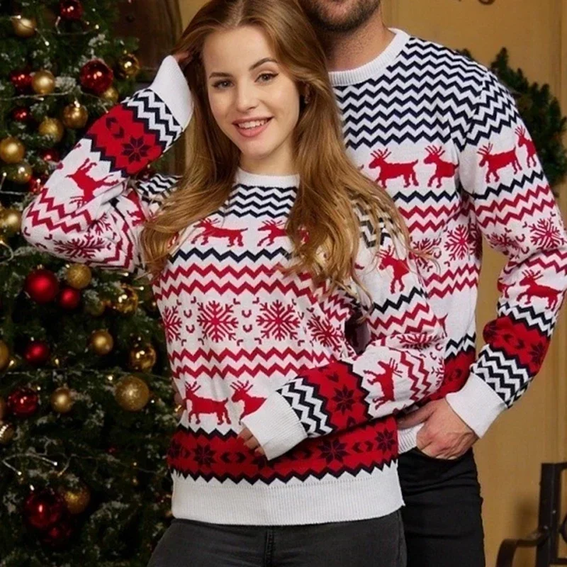 2024 New Women Men Christmas Sweaters Couples Matching Outfits Warm Thicken Sweater Soft Jacquard Knitwear Family Look Pullover