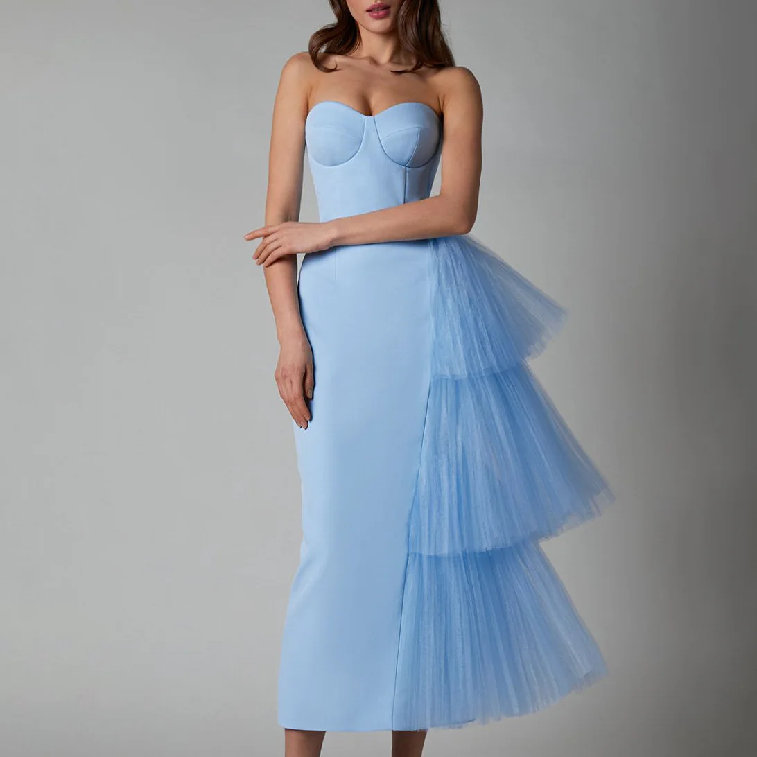 

Women Sexy Strapless Formal Occasion Dress 2024 Gauze Patchwork Elegant Evening Gowns Backless Chic Lady Split Long Prom Dresses