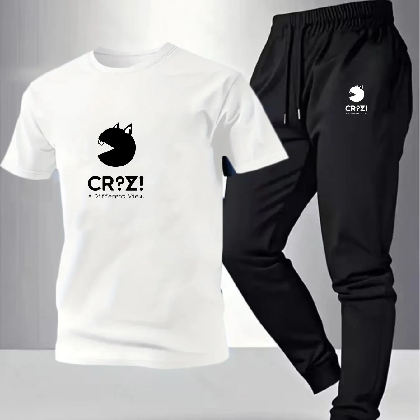 

2026 New Casual Fashion 2-Piece Set: Simple Design Cotton T-Shirt with White Text Cat Logo & Pants, Ideal for Sports & Outings