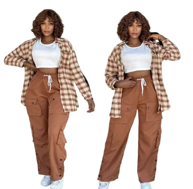 

Fashion Three Piece Set Loose Lapel Long Sleeve Plaid Printed Shirt Solid Color Vest High Waist Pocket Work Pants Set