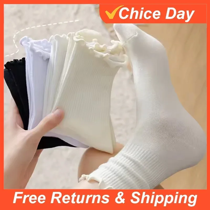 

Ruffle Socks for Women 1pair /Lot Mid Crew Middles Tube Ankle High Breathable Black White Female Spring Autumn Sock Amagi