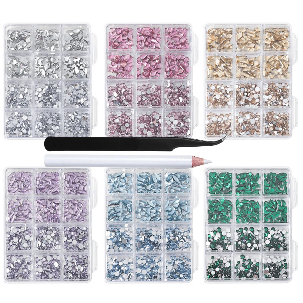 Kit de 12 rejillas de resina mixta para uñas, diamantes de imitación de cristal con parte posterior plana, joyas para uñas con recogedor de lápiz, pinzas, manualidades de manicura
