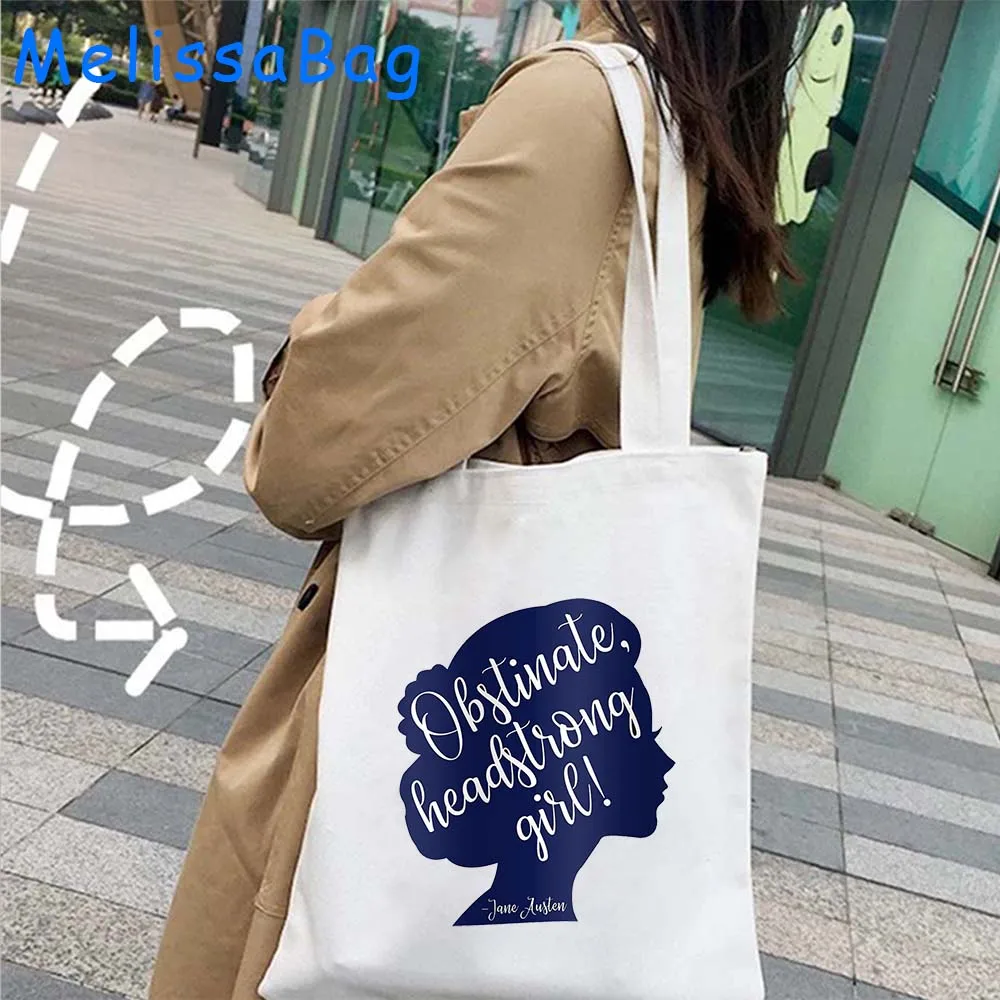 Pride and Prejudice Romantic Novel Obstinate Headstrong Girl Jane Austen Quote Books Bookshelf Fan Gifts Canvas Tote Bag Handbag