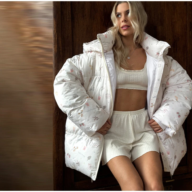 Women's Floral Print Hooded Puffer Jacket with Bow Decor Cute Oversized Winter Warm Coat Loose Casual Feminine Outerwear Fashion