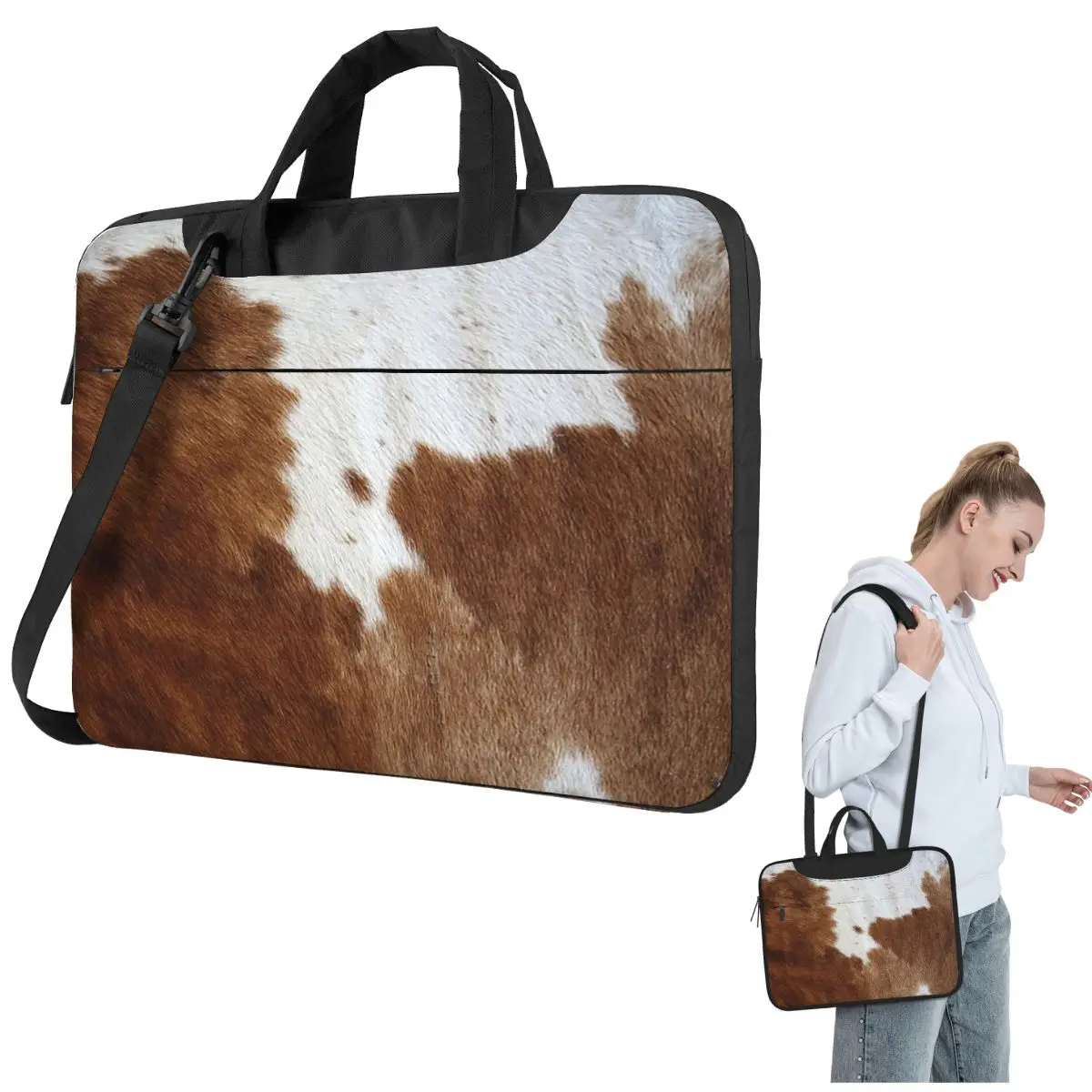 Stylish Cow Fur Cowhide Texture Cow Skin Print Patter Crossbody Laptop Bag Case Computer Bag Resistant Protective Lenovo