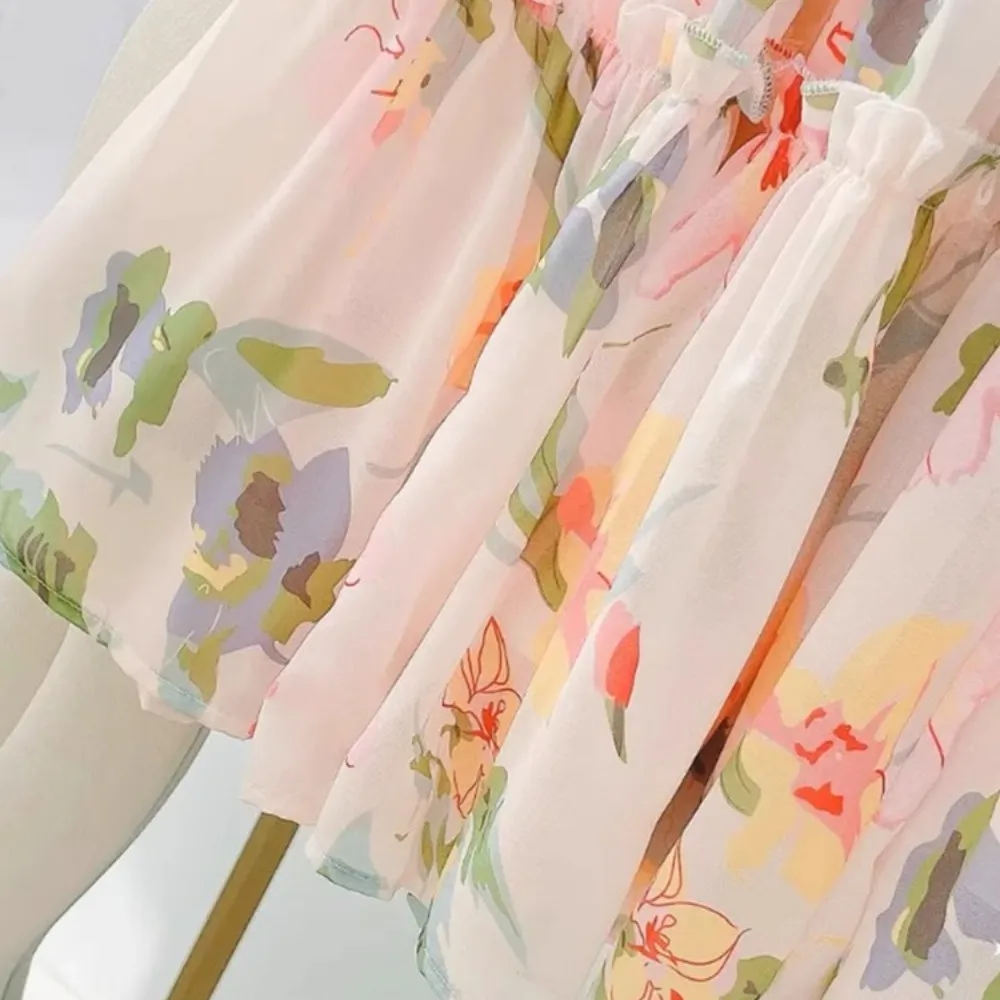 Versión coreana moda 4-13Y niña flor impresa princesa pastel vestido verano sin mangas gasa adolescentes playa vacaciones ropa