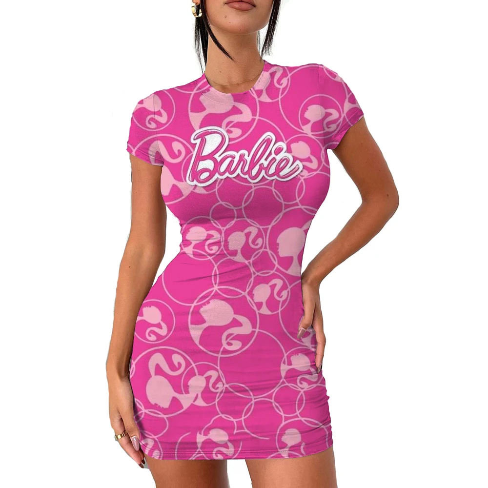 

Women's tight fitting dress Barbie print summer sexy buttocks wrapped dress pink Barbie O-neck women's commuting summer