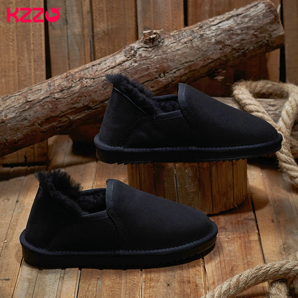 KZZO Sheepskin Suede Leather Men\'s Slip-On Boots Sheep Wool Fur Lined Winter Short Ankle Snow Boots  Waterproof Casual Shoes