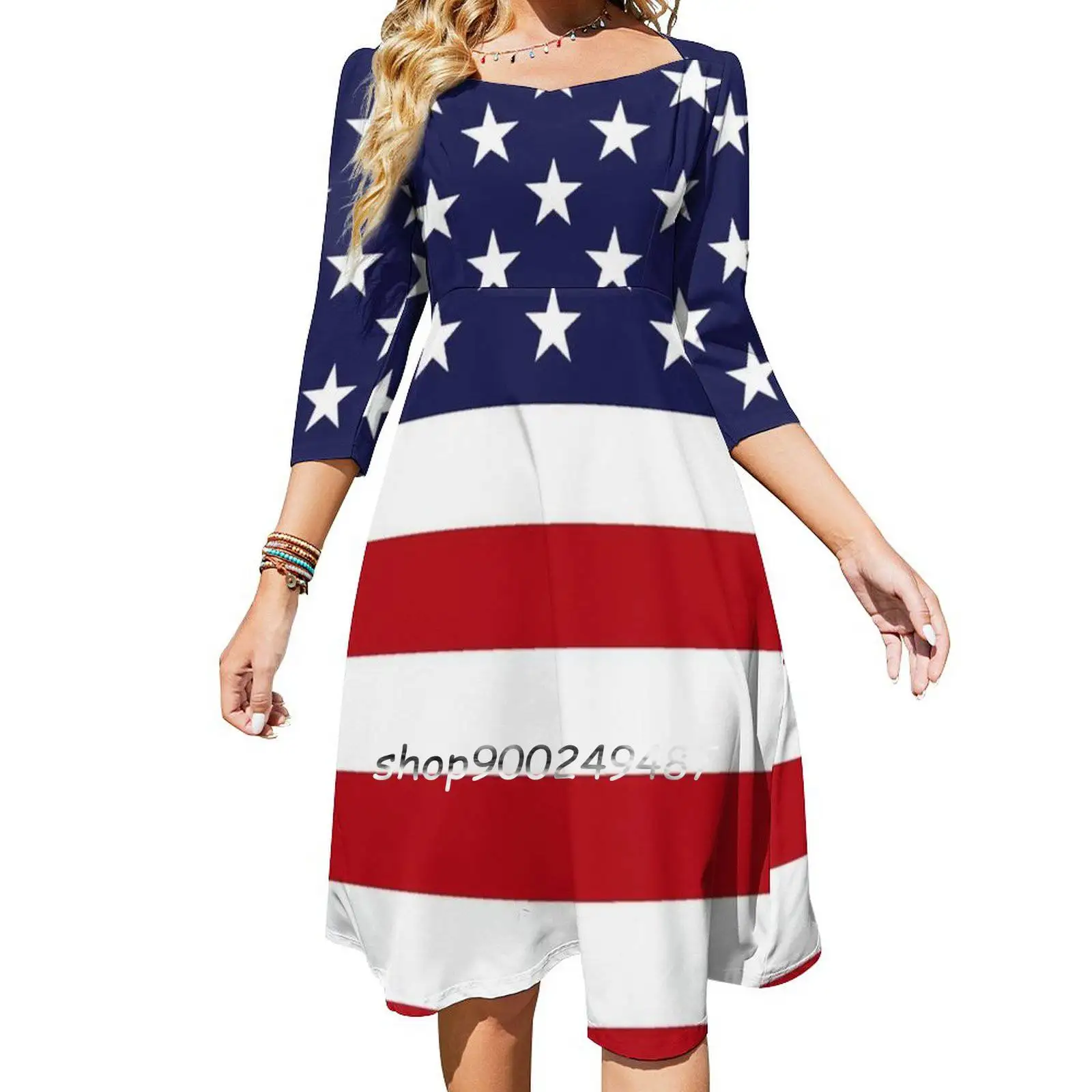 

American Flag Sweetheart Knot Flared Dress Fashion Design Large Size Loose Dress Flag American America Usa United States Day