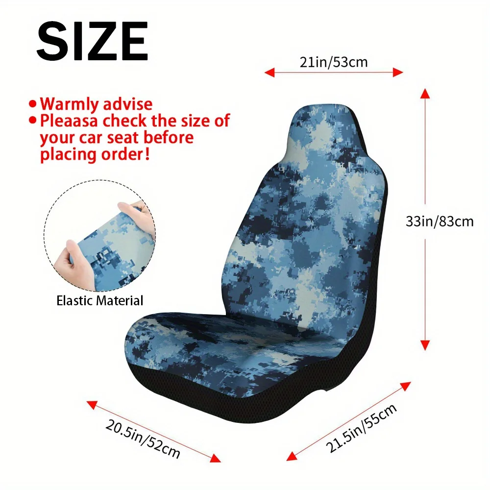 2pcs Pixelated Blue Camo Print Car Seat Covers – Universal Front Seat Protectors For Cars, SUVs & Sedans, Easy To Install, Durab