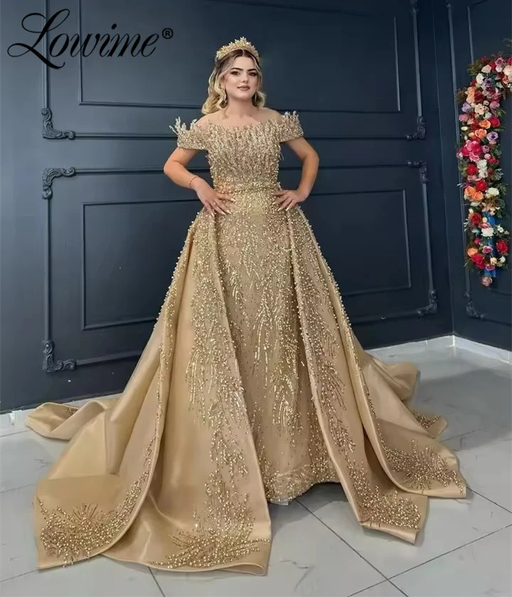 

Gold Arabic Evening Dress Off The Shoulder Long Pom Dresses Customized Crystal Beaded Wedding Party Gowns With Detachable Train